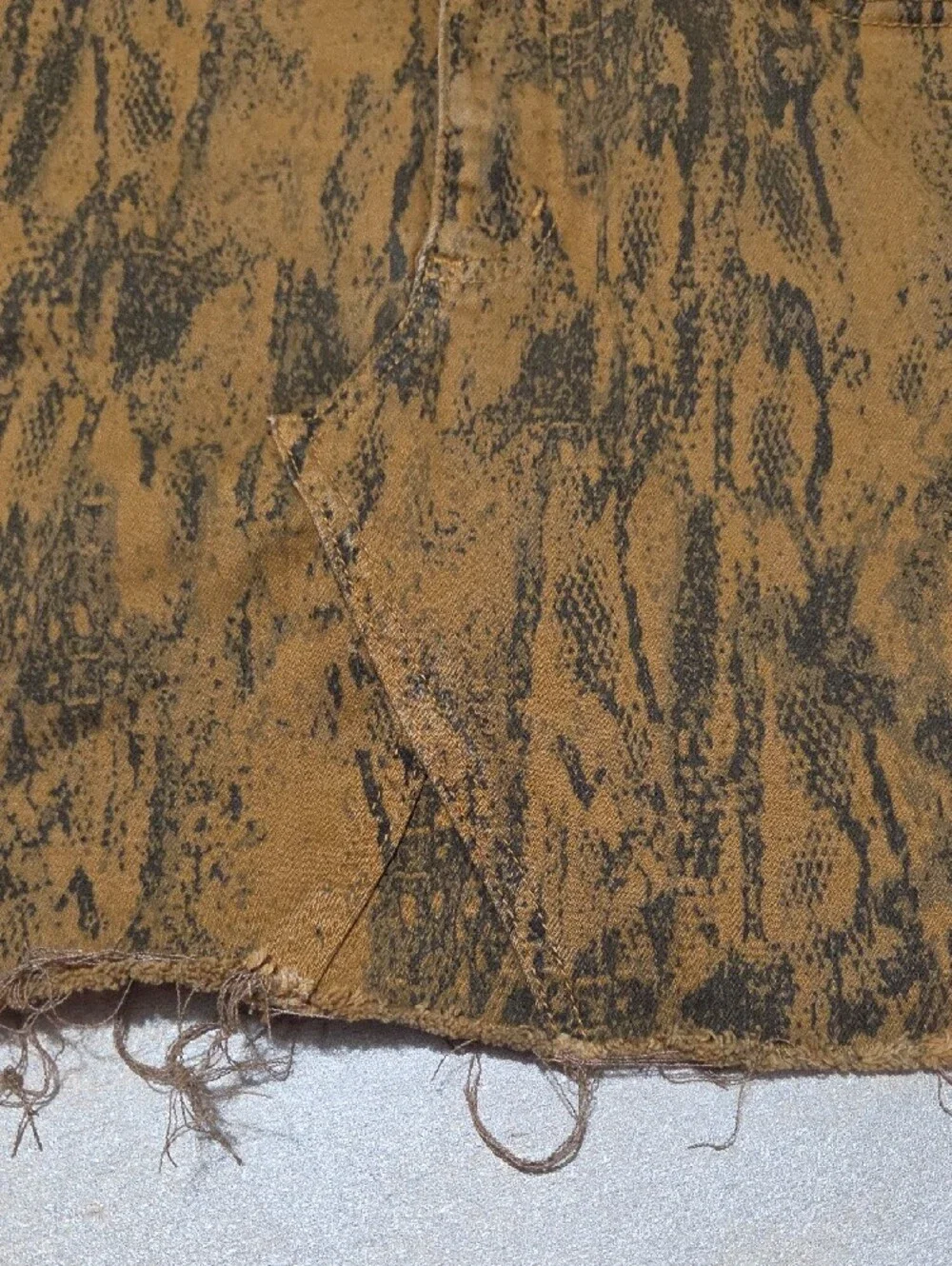 pistola brown mustard snake print denim mini skirt with frayed hem
